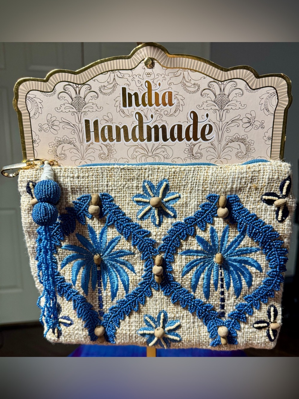 NWT India Handmade Blue Beaded Palm Tree Zipper Pouch Clutch